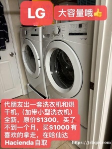 朋友新买的LG牌子大容量洗衣机和烘干机一套，（付带小型洗衣机）刚刚买了一个月，因为搬家的关系