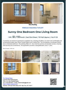 纽约曼哈顿中央车站附近明亮一室一厅公寓出租