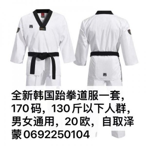 全新韩国跆拳道服一套，170码，130斤以下人群，男女通用，20欧