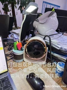 打包出双色可调节台灯加一个桌上风扇，风扇也带氛围灯。